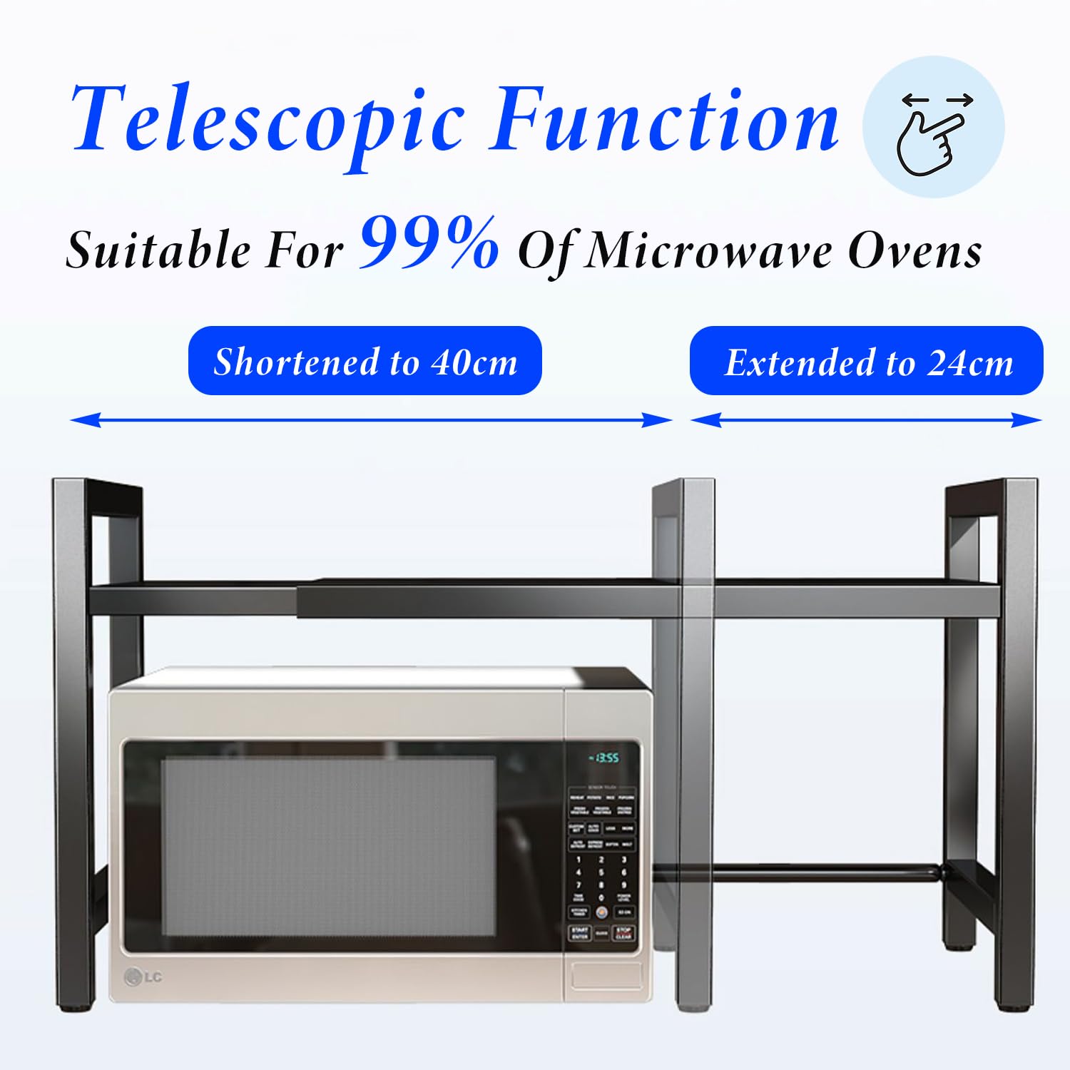 Mensola Microonde Regolabile 2 Livelli, Scaffale Cucina Salvaspazio con Supporto per Microonde, Estensibile da 40 a 64 cm, con 6 Ganci Rimovibili, Ripiano per Microonde per Cucina(Grigio)