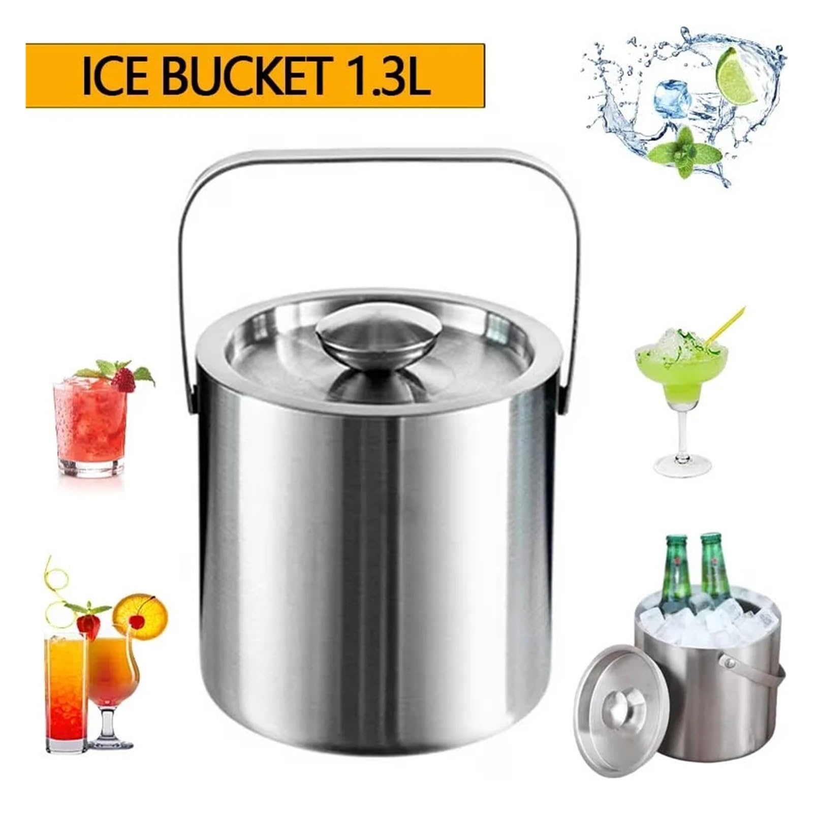 Cubo de Hielo de Acero Inoxidable de 1300 ml, Cubo de Hielo de Doble Pared con Tapa, Cubo de Hielo Aislado con asa, for Enfriar champán, Cerveza y Vino. para Bar, Cumpleaños, Fiestas