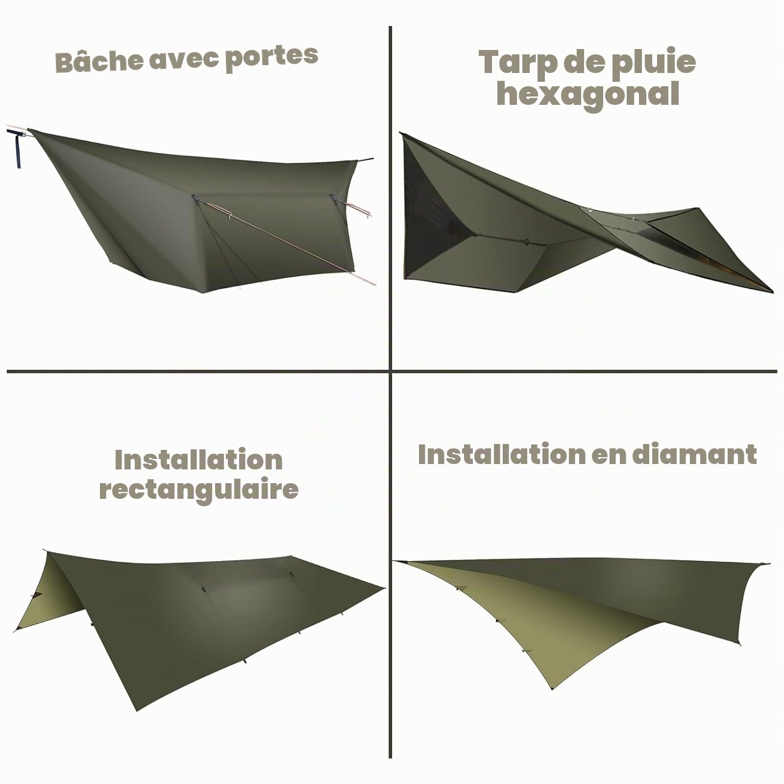 onewind Bâche de hamac de 3,7 m, légère et imperméable en silnylon, bâche de camping polyvalente avec portes et accessoires complets, facile à installer avec sac de rangement, piquets de tente, gris