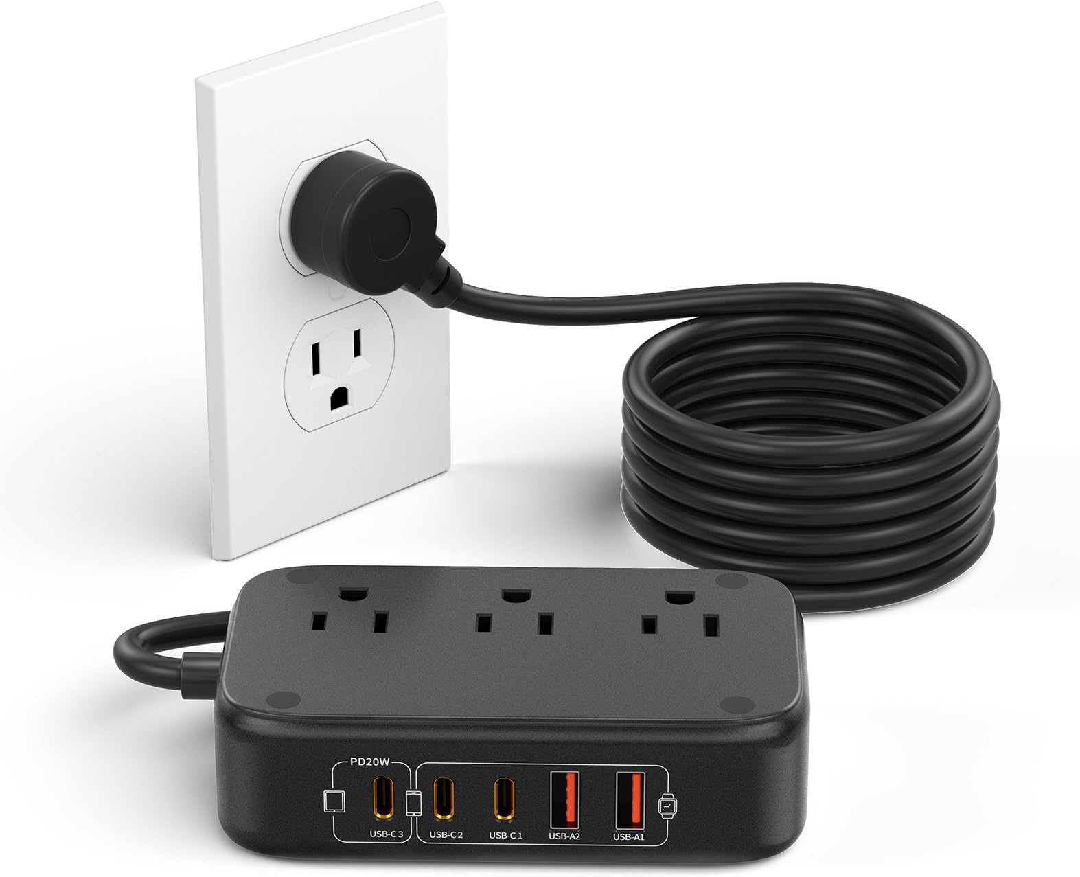 30W USB C Power Strip, 3 AC Outlets 3 USB-C 2 USB-A Ports, 5FT Flat Extension Cord, Non Surge Protector Travel Charger for Cruise Ship, Home, Office & Multi-Device Charging
