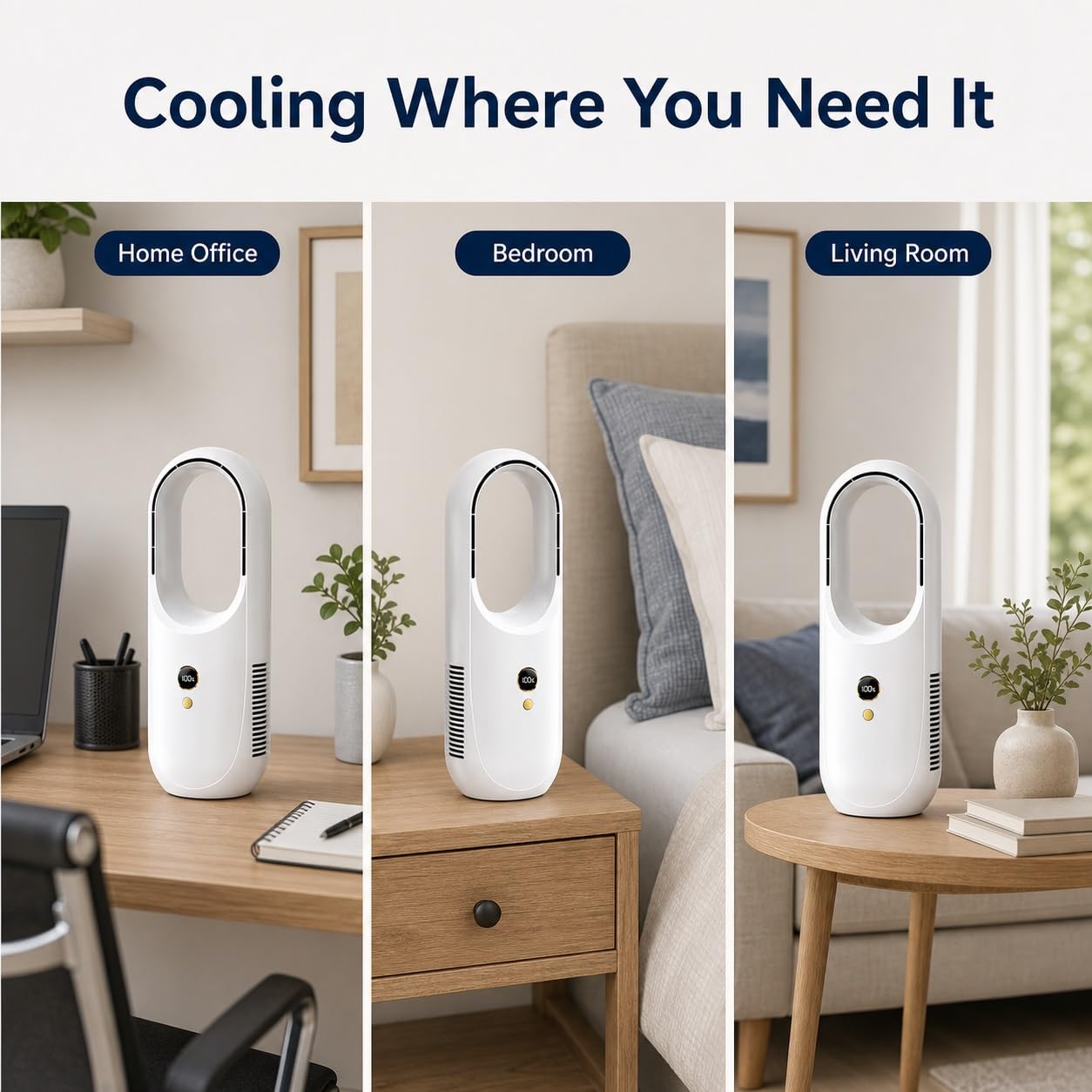 Ventilatore a Torre Senza Lama da 12 Pollici con Oscillazione di 80° | Finitura elettrolitica, uso in camera da letto e scrivania, ricaricabile tramite USB, 6 velocità(White)