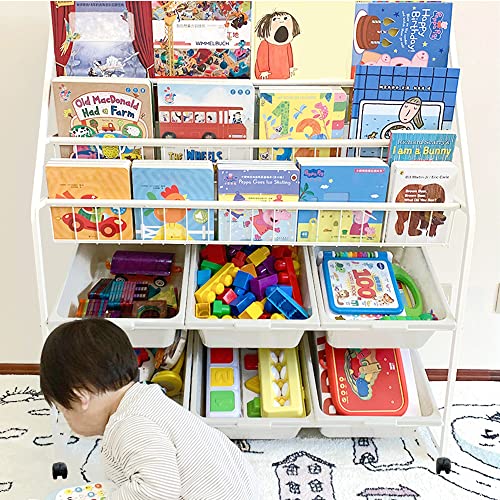 Moamun Kids Book Storage Organizer，5-Tier Metal Kids Bookcase And Toy Storage Rack With 6 Cube Bins，Removable Kids Bookshelf With Rollers, Children’s Book Unit For Playroom, Bedroom, Study Room #TOP1