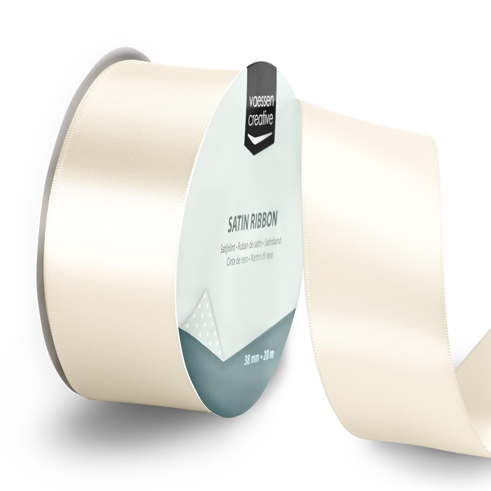 Vaessen Creative Satin Ribbon Antique White - 65.6 ft x 1.5" - Thin Ribbon for Gift Wrapping and Crafting, 20m x 38mm
