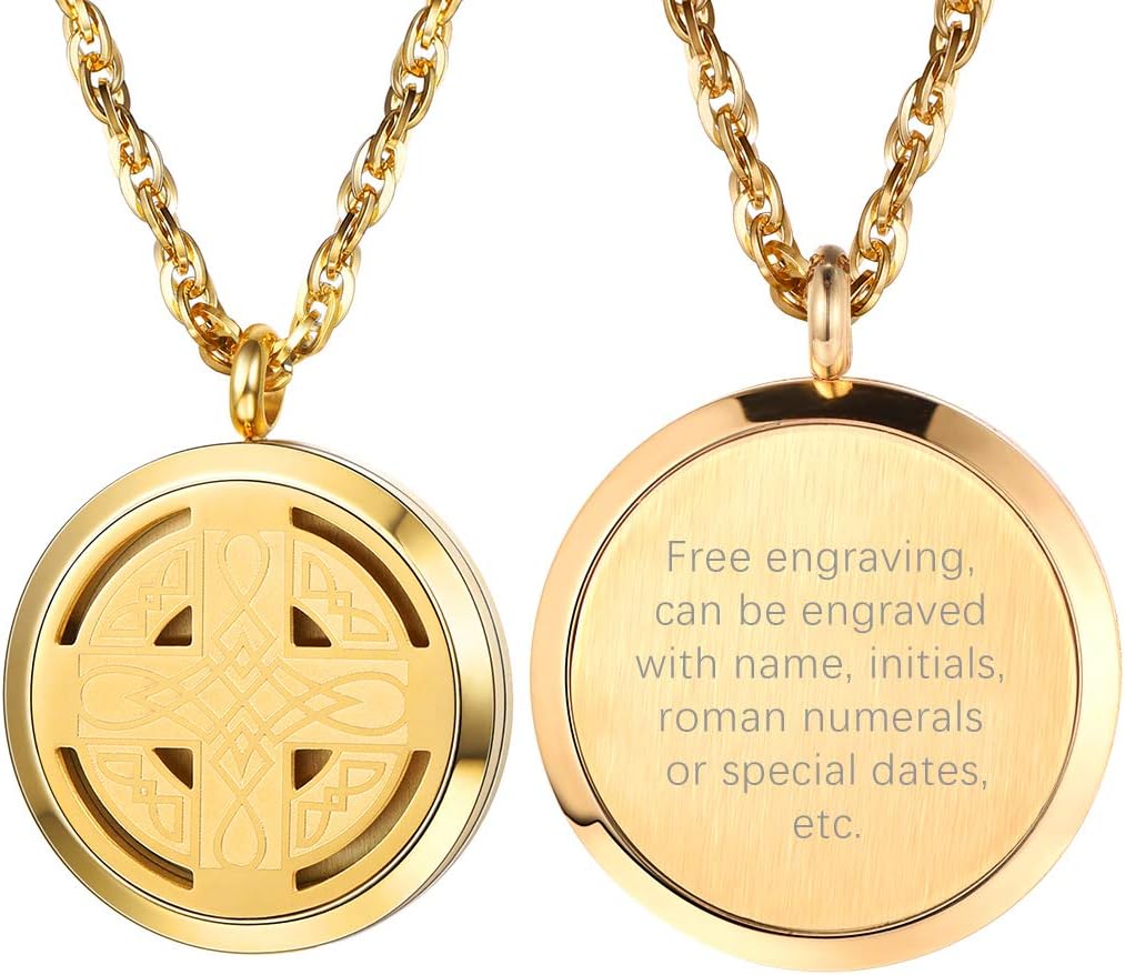 PROSTEEL Personalized Customize Essential Oil Diffuser Locket Aromatherapy Diffuser Celtic Knot Cross Pendant 18K Real Gold Plated 30mm Round Aromatherapy Womens Jewelry