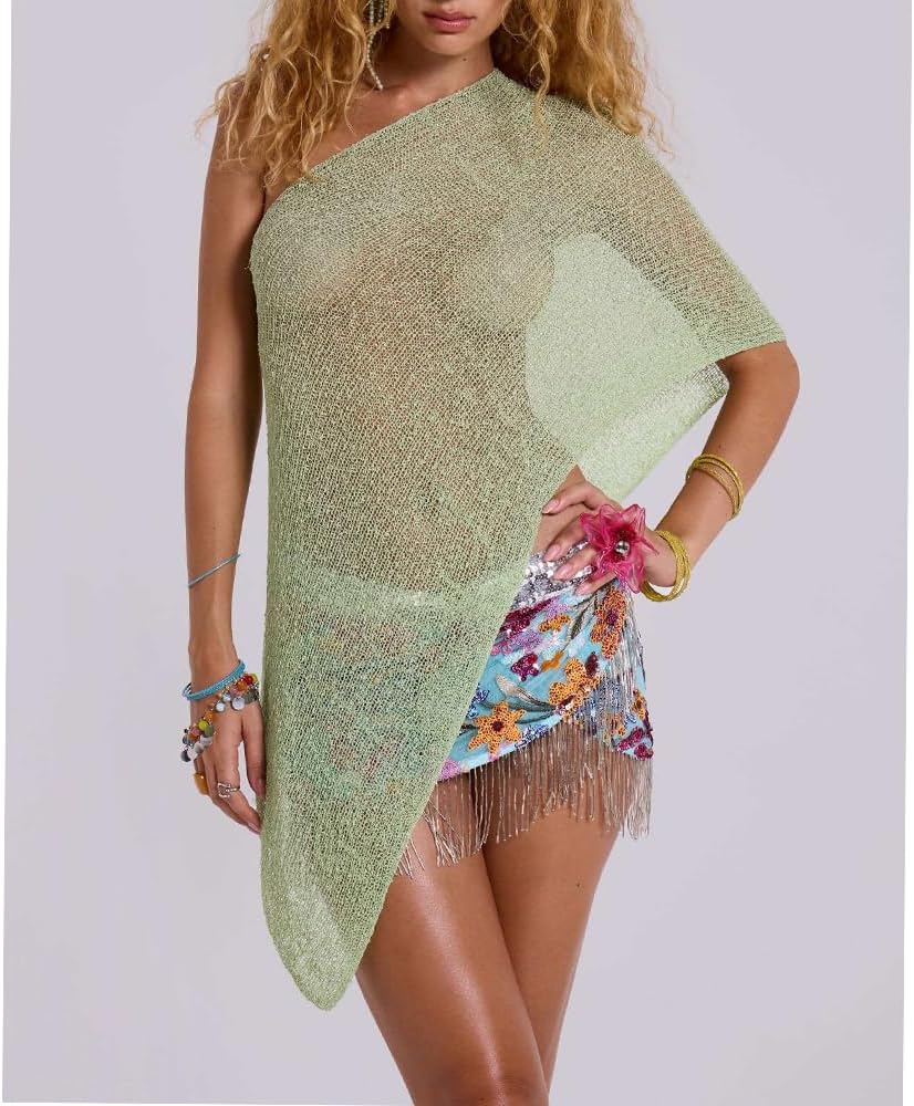 Women Sheer Poncho Top Multiway Knit Crochet Asymmetric Mesh Cover Up Going Out Clubwear - Image 4