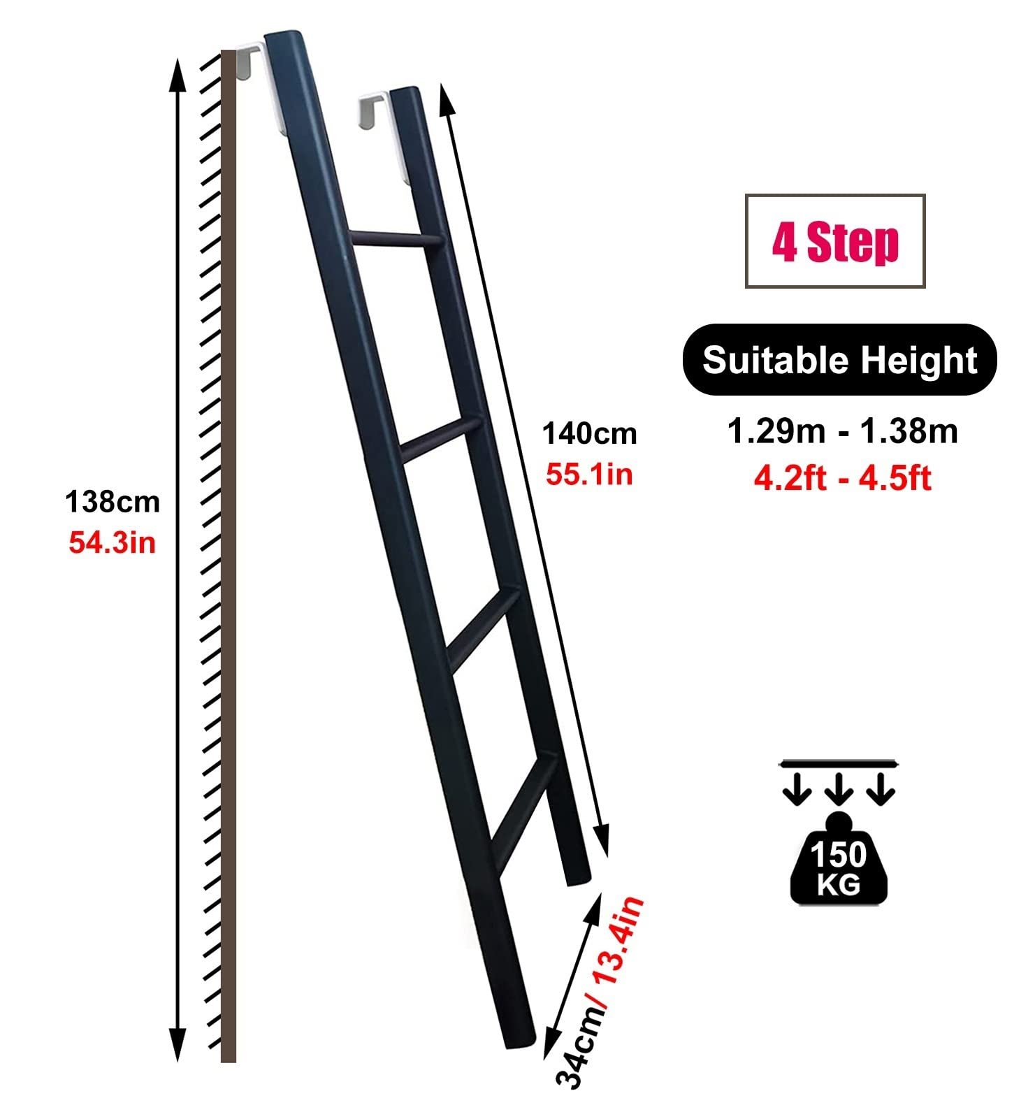 Schwarze Standleiter für Wohnmobile, Wohnmobile, Wohnmobile, platzsparende Sicherheitsleiter (140 cm)