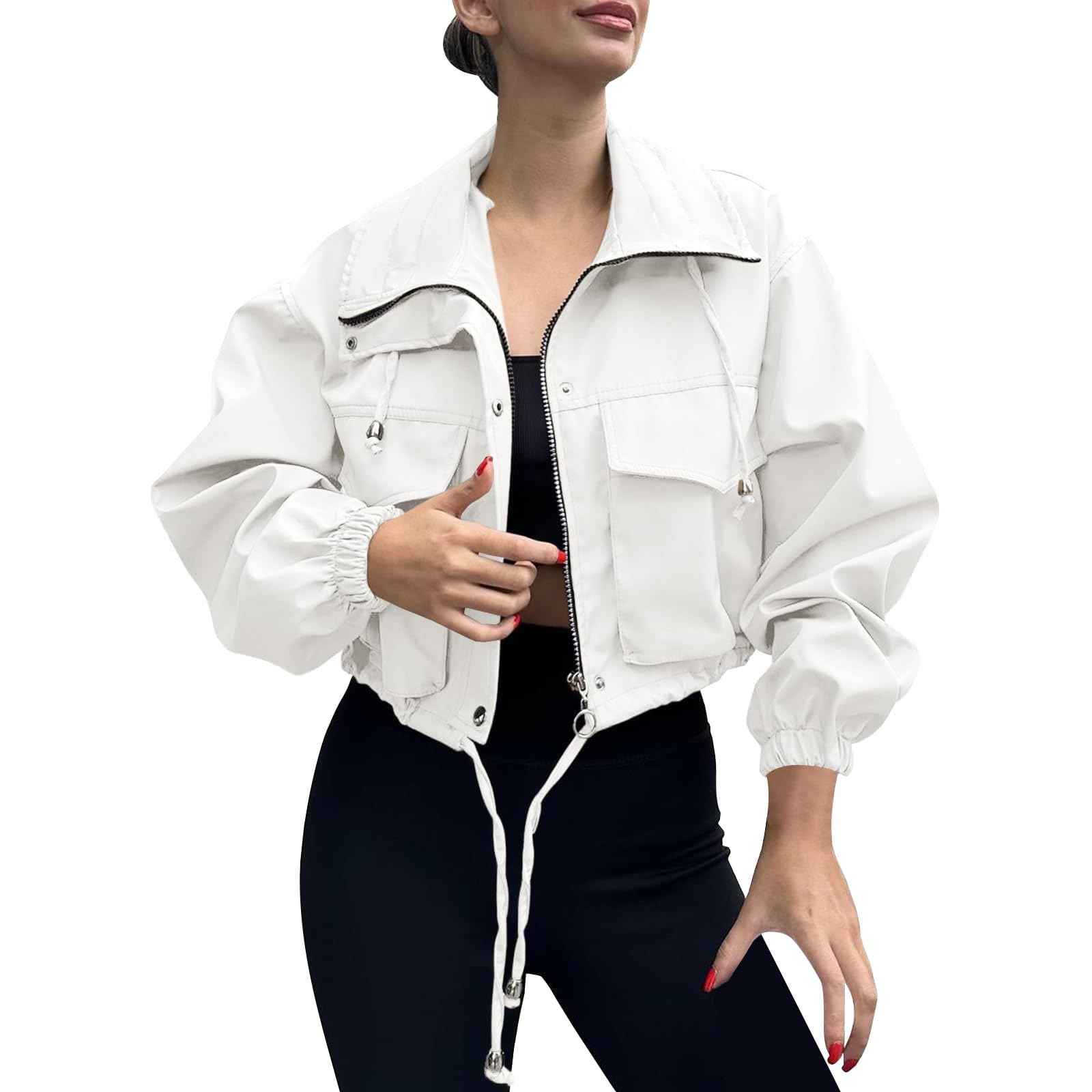 Veste courte à fermeture éclair pour femme, trench à manches longues, veste