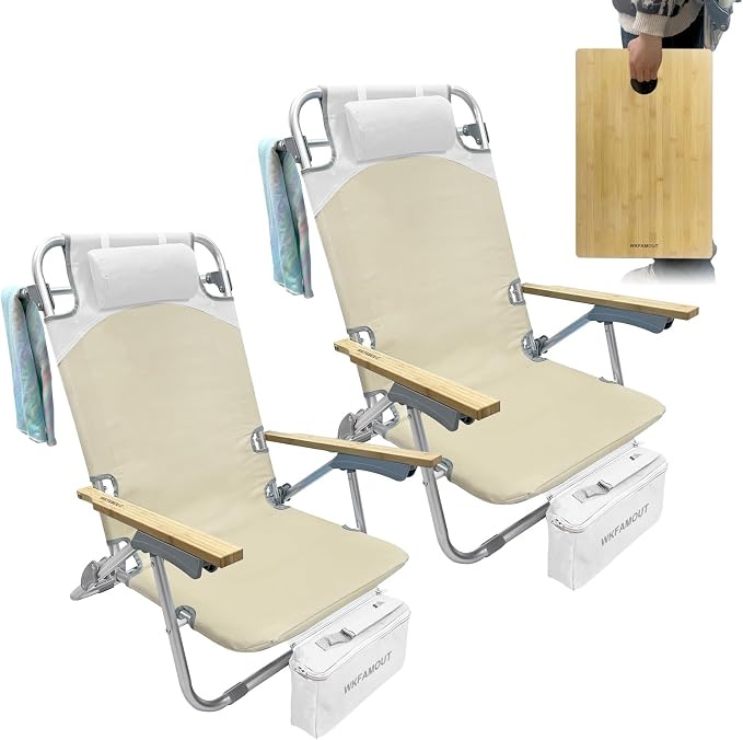 2 Pack Low Backpack Beach Chair with Folding Bamboo Table
