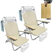 2 Pack Low Backpack Beach Chair with Folding Bamboo Table for Adults, 5-Position Lay Flat Reclining Chair Lightweight with Cooler Bag Supports 265 lbs