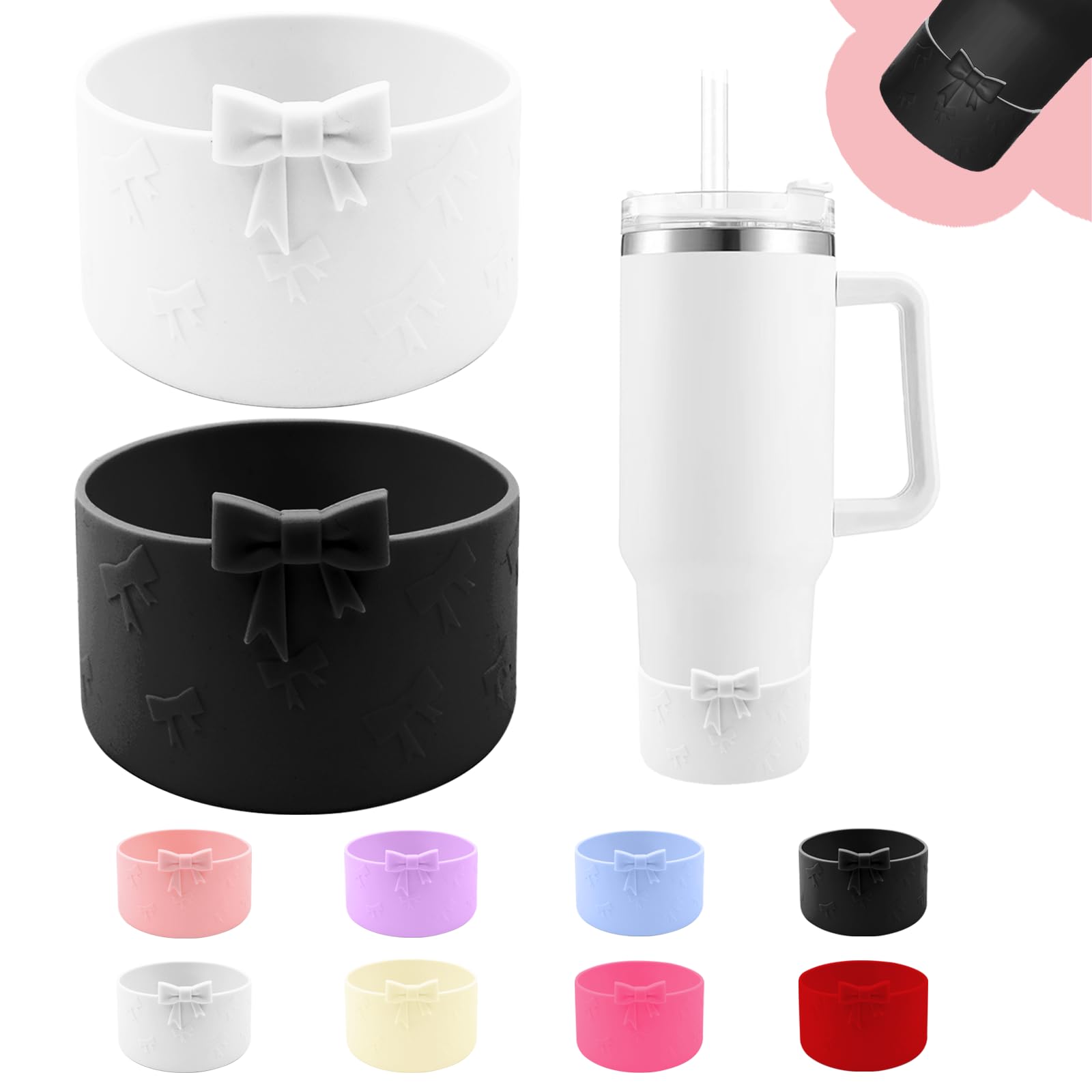 Hpebl Bows Silicone Water Bottle Boot, Stanley Cup Accessories Anti-Slip Protective Sleeve for Water Bottle, Protector Sleeve Cover Boots for Stanley
