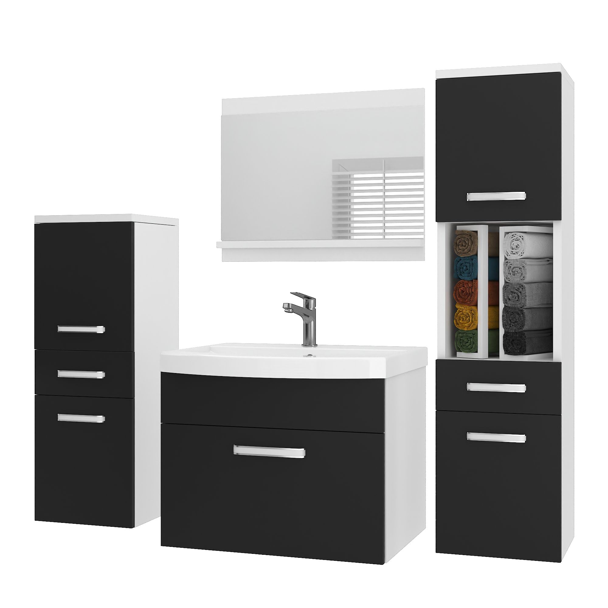 Belini PRIM5 Szafka łazienkowa pod umywalkę 120 cm czarna matowa | Czarne matowe meble łazienkowe, montaż ścienny, mechanizm soft-close, panel drewniany FSC, umywalka i lustro w zestawie