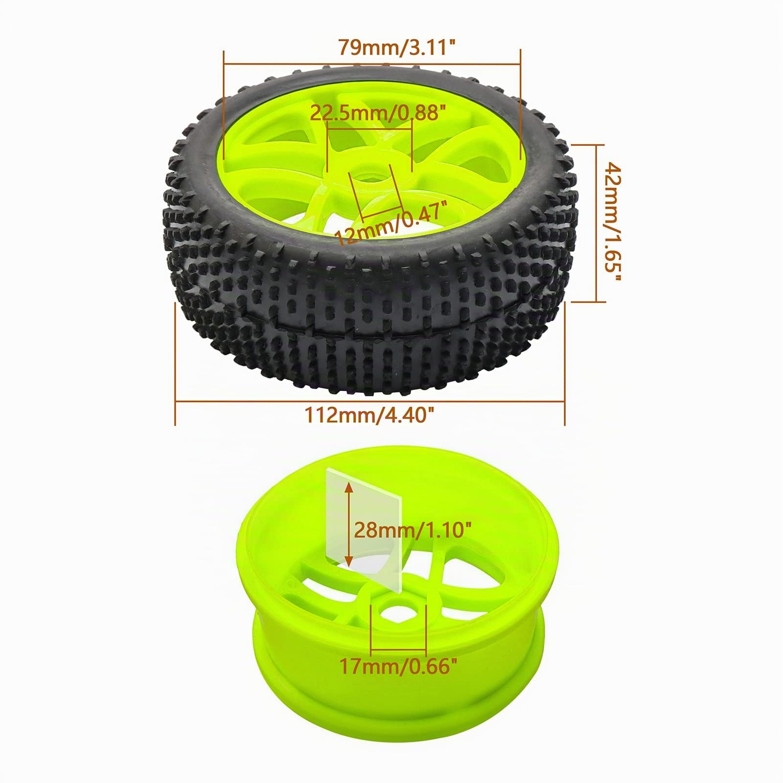 Green RC 1:8 Off-Road Racing Car Neumáticos de goma 5 radios neumáticos y llanta de rueda pláctica para coche HSP Buggy Pack de 4