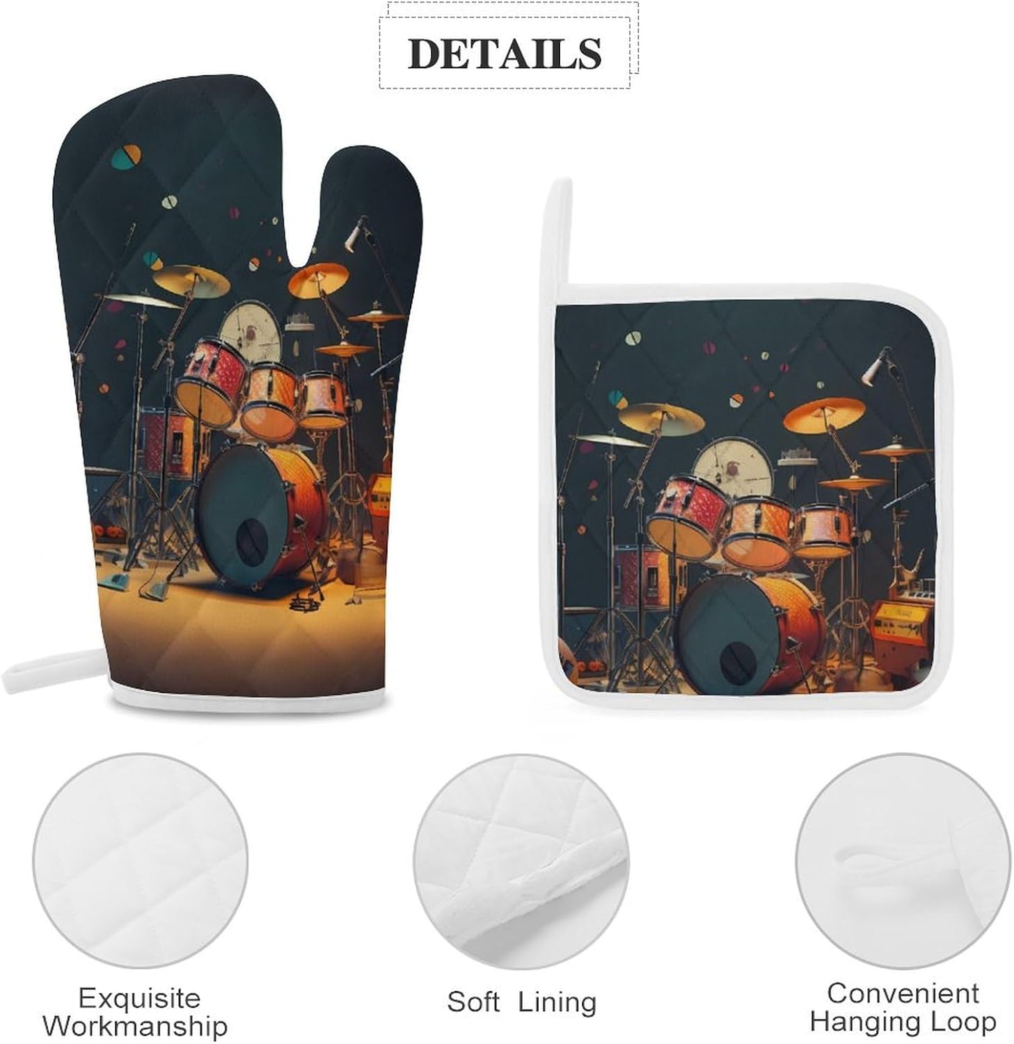 Music Drum Guitar 4 Pcs Oven Mitts and Pot Holders Set High Heat Resistant Long Kitchen Oven Glove Potholders