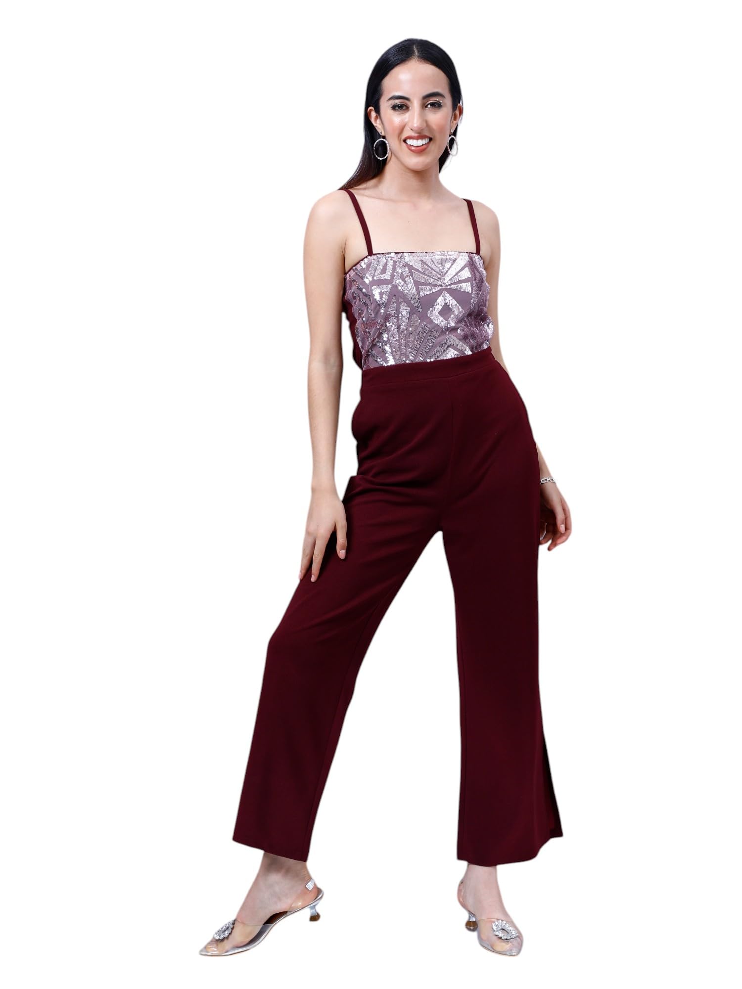 Burgundy Embellished Basic Jumpsuit-image-5
