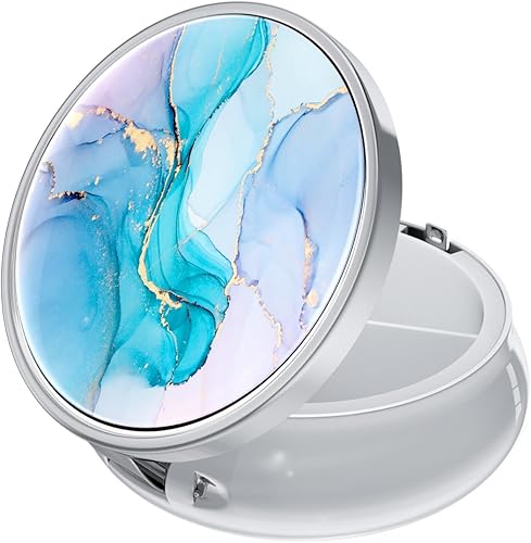 Rouidr Pastillero, 3 compartimentos, pequeña caja de medicina de viaje de metal para bolso y bolsillo, plata, mármol de tinta colorido