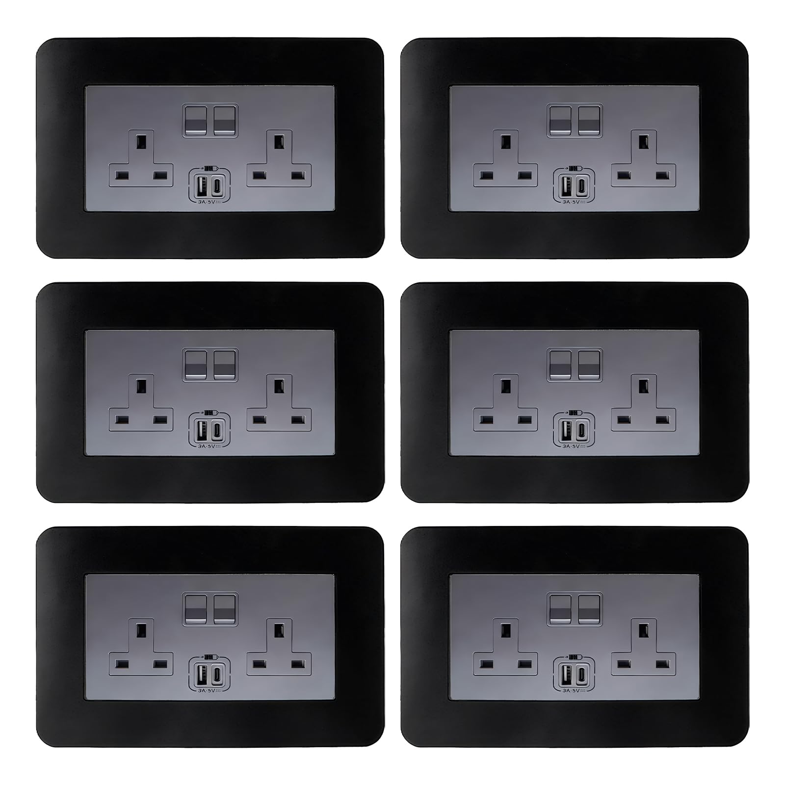 Fusdnw Black 6 Pcs Double Socket Surround ,Self-Adhesive Acrylic Acoustic Wall Panel Socket Surround For Home Wall 2-Gang Socket Or Double Light Switch (14.6 × 8.6 Cm)