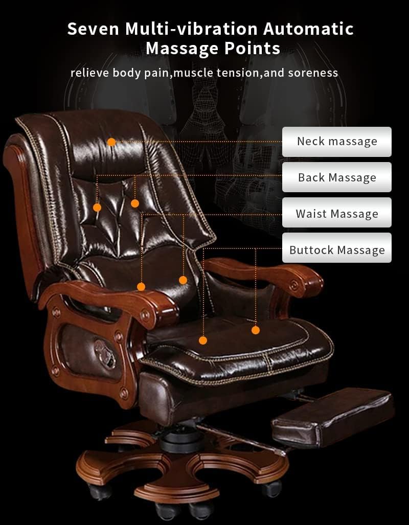 Kinnls Big and Tall Evan Massage Office Chair 2.0 with Footrest Ergonomic Fully Reclining Office Chair Comfortable Genuine Leather Executive Chair Adjustable Tilt Angle (Cowhide Leather-Coffee)