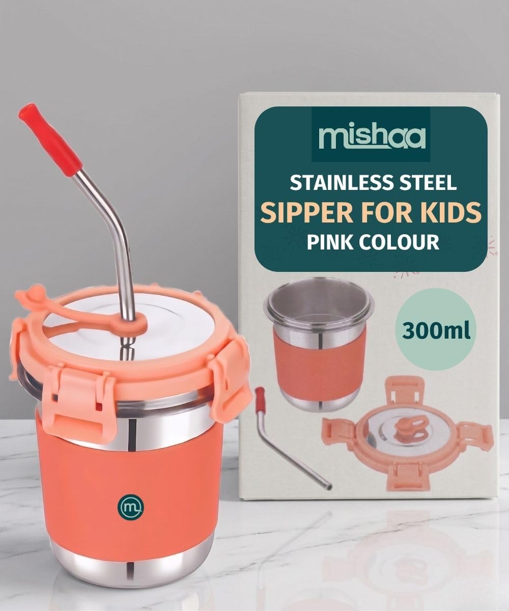 Mishaa Stainless Steel Kids Tumbler 300ml with Straw & Lid – Durable Leakproof Baby Sipper Glass with Silicone Grip for School, Travel & Daily Use (Pink)-image-45