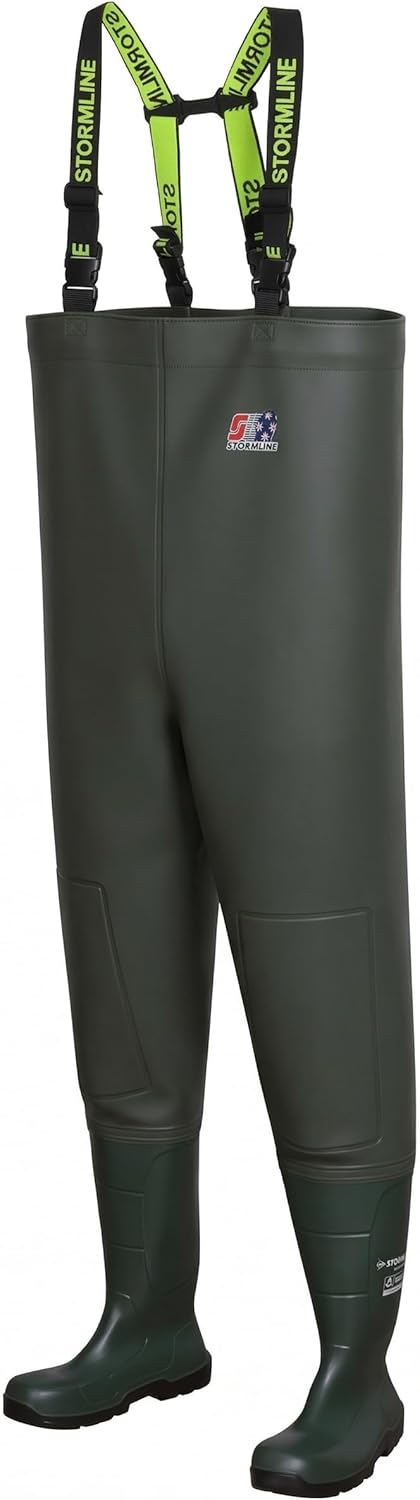 Stormline Stormtide W665ST Heavy Duty Industrial Chest Waders - 1100gsm PVC | Dunlop Steel Toe Cap Safety Boots | Professional Grade for Aquaculture & Construction