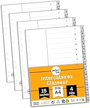 perfect line Lot de 4 intercalaires de classement DIN A4 en plastique (PP), 15 onglets (15 pièces), gris, intercalaires pour dossiers, recyclables, fabriqués en Allemagne