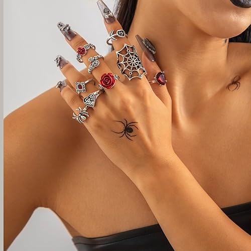 Miniatura 2 de Juego de anillos de nudillos góticos vintage para mujer, juego de anillos de diablo apilables punk, araña, serpiente, cráneo, murciélago, garra