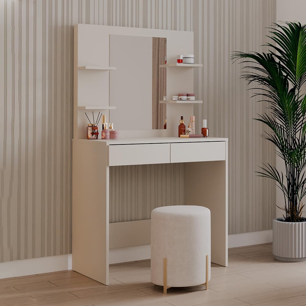 Toeletta da Trucco Moderna con Specchio e 4 Ripiani, Mobile Toeletta Trucco con 2 Cassetti, Scrivania da Trucco Salvaspazio per Camera da Letto, Consolle Make-up Design Curato, Colore Cashmere TOT5