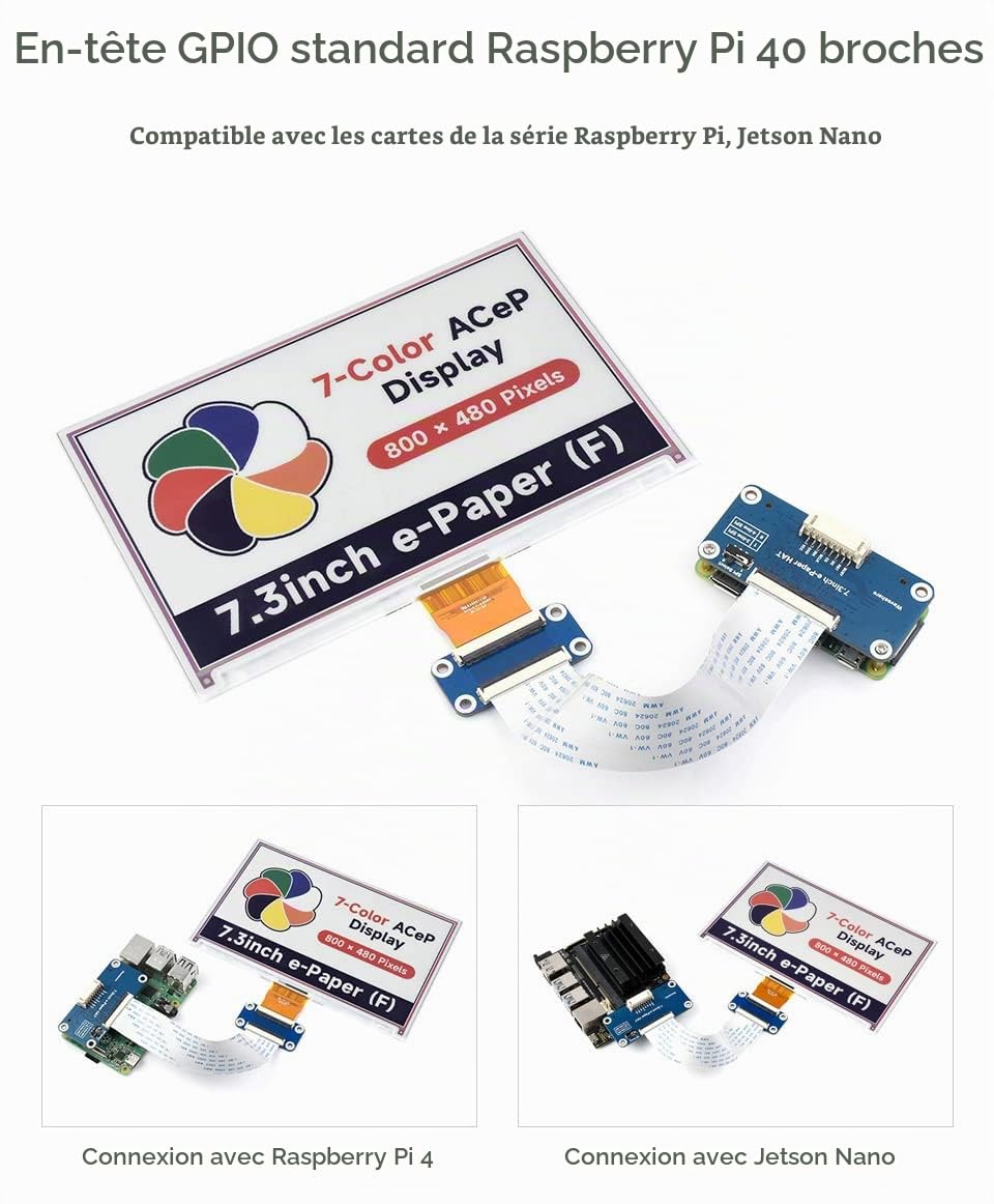 Waveshare 7.3inch ACeP 7-Color E-Paper Hat(with PCB), 800x480 Resolution, SPI Interface, Low Power Consumption, Wide Viewing Angle, Paper-Like, for Shelf Label/Industrial Instruments, etc