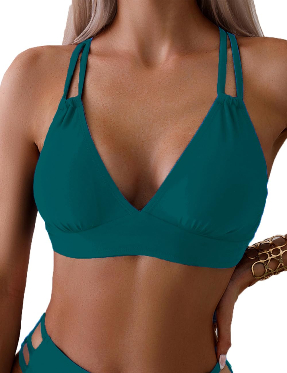 Tainehs Women's Push Up V Neck Bikini Tops Criss Cross Back Padded Bathing Suit Top Only