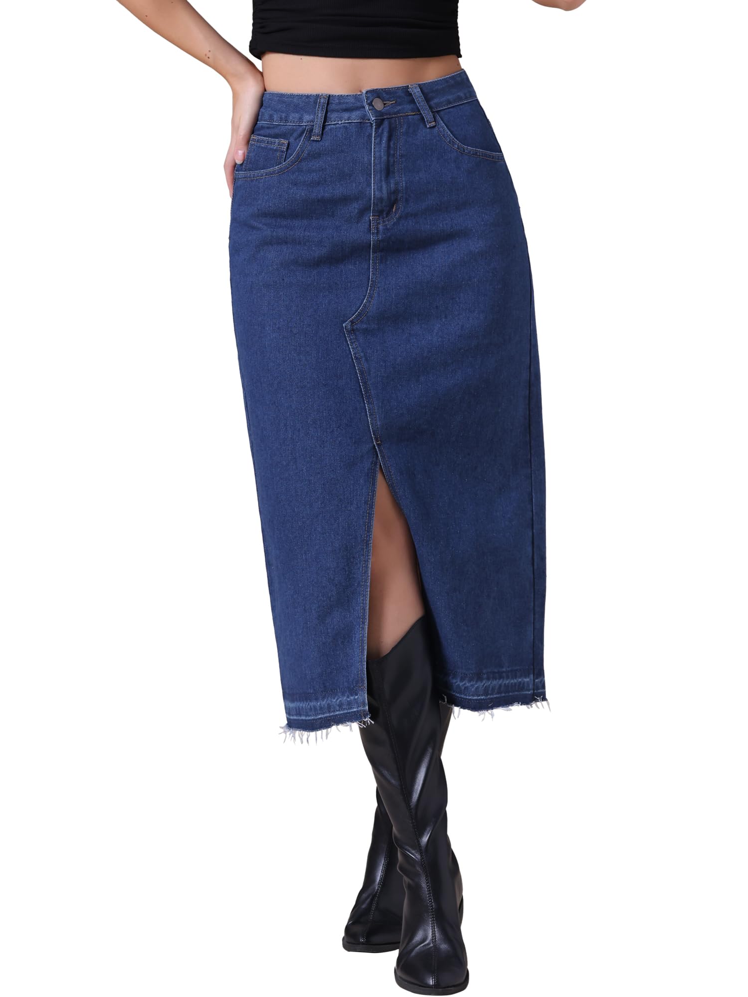 CIMUK Women's Denim Skirt High Waist Front Slit Raw Trim Hem Pencil Skirt with Pockets Midi Jean Skirts