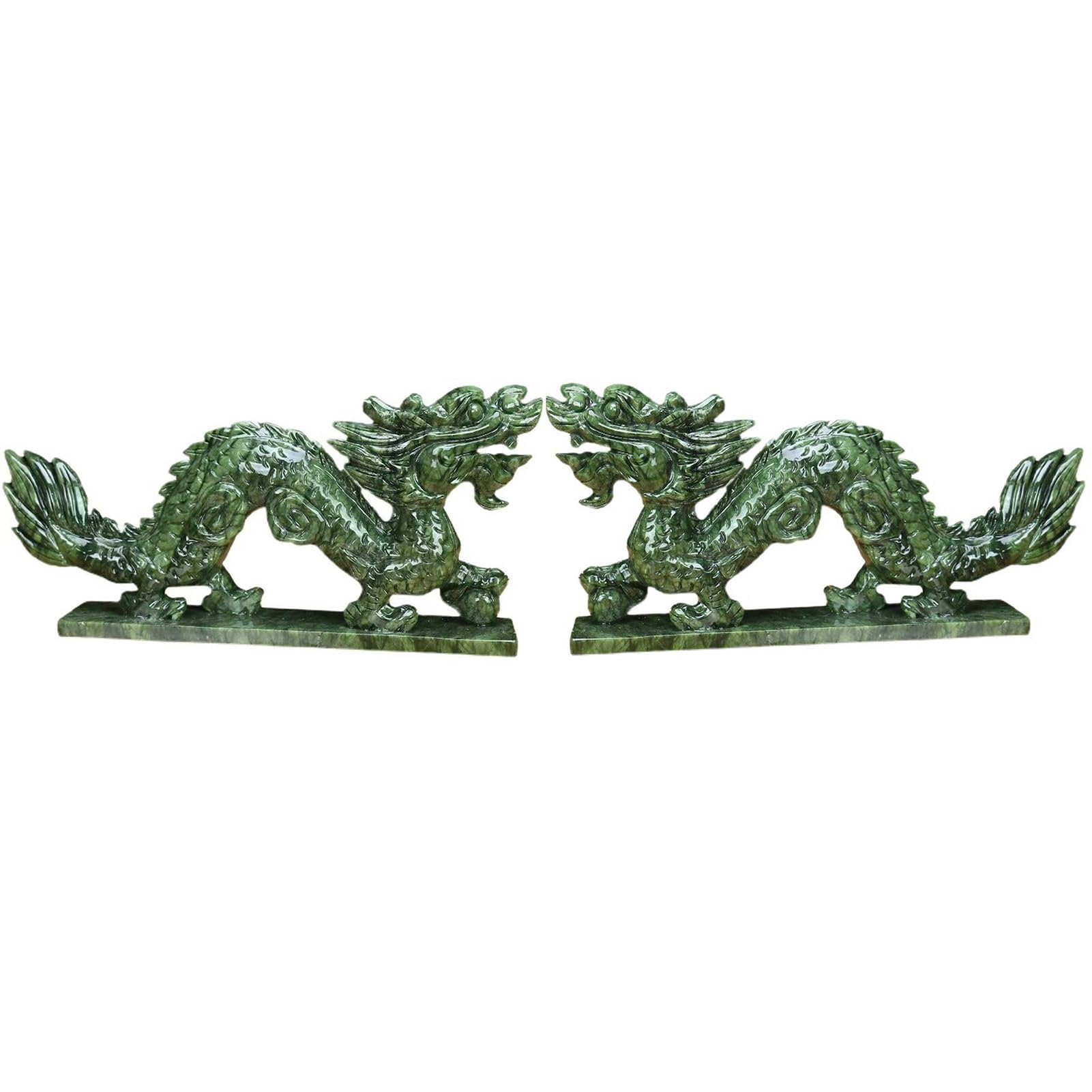 zhuBAOHE Natural Green Jade Dragon Statue,2Pcs Solid Hand Carved Double Dragon Playing Pearl Sculpture,Feng Shui Auspicious Dragon Figurine for Desktop Decor Gift,29cm