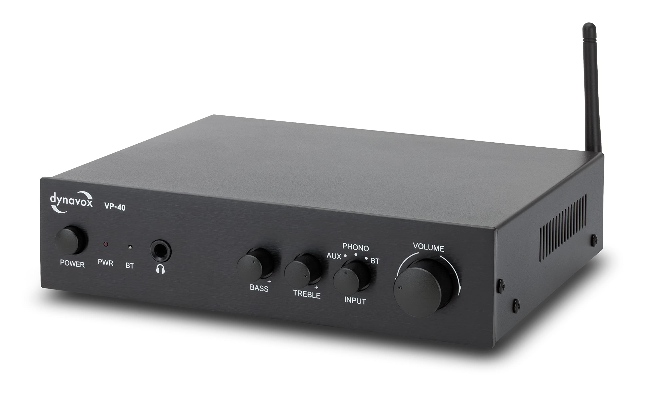 Dynavox Amplificador estéreo VP-40, Amplificador Hi-Fi Compacto con Entrada fonográfica para Tocadiscos, transmisión BT, Control de Graves y Agudos, Conector para Auriculares, Color Negro