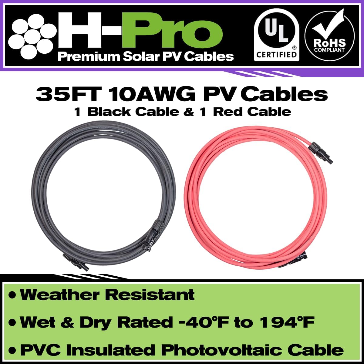 35ft 10 AWG Solar Extension Cables with Male & Female Connectors - 2000V, Weatherproof, UL Listed, RoHS Compliant