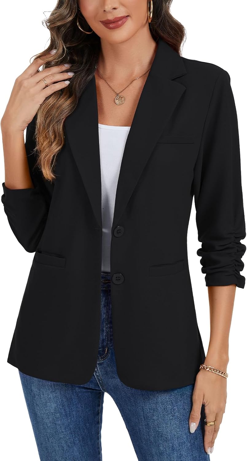 MINTLIMIT Ruched 3/4 Sleeve Blazer Jackets for Women Shoulder Pad Button Front Notch Lapel Casual Blazers with Pockets - Image 6