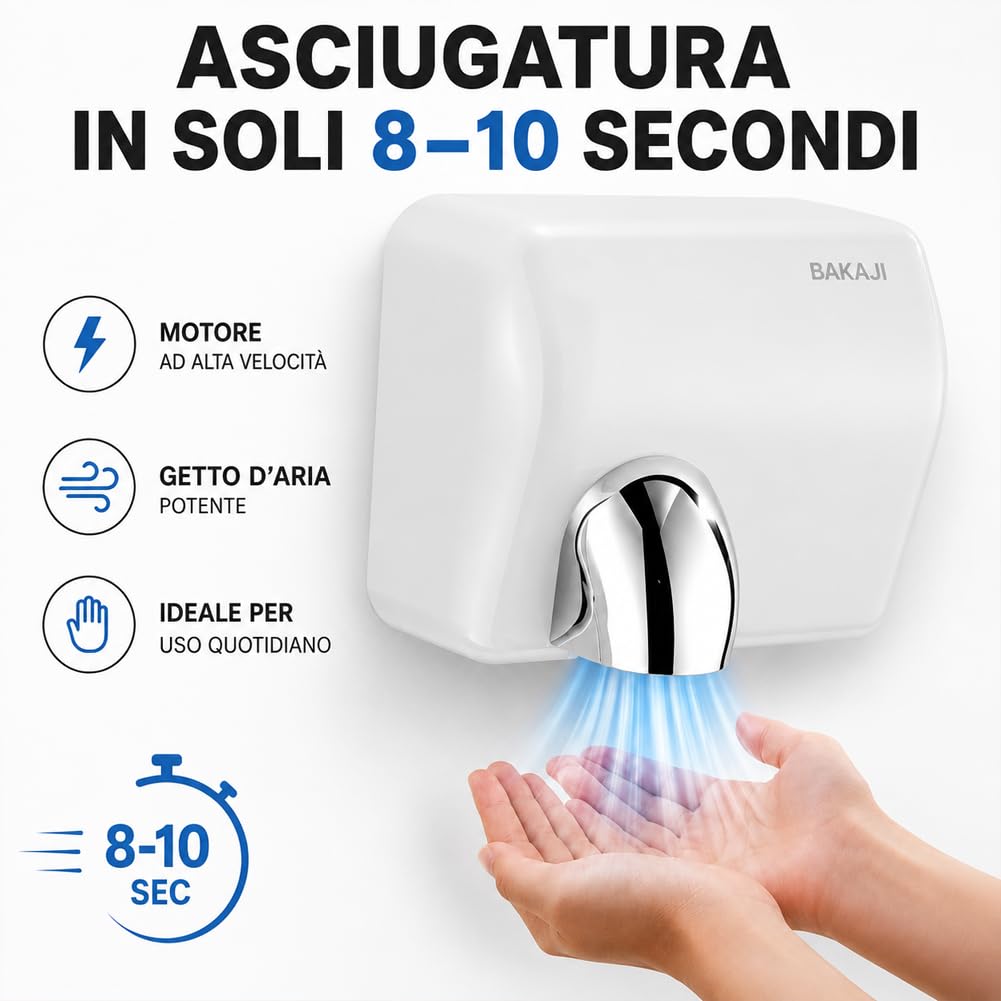 BAKAJI Secador de manos automático eléctrico de pared para hoteles, baños públicos, restaurantes, secador de manos de aire caliente de pared con sensor fotocélula, potencia 2300 W, secado a alta