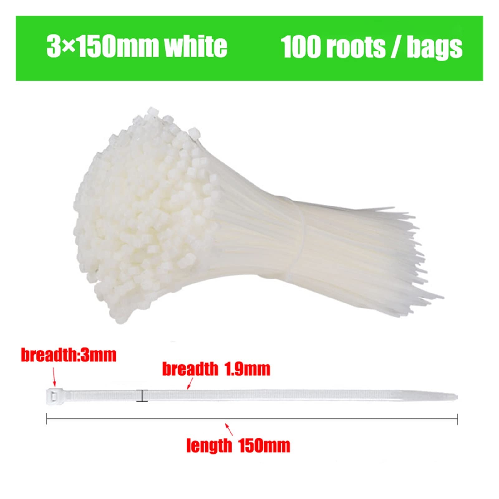 assortimento di Fascette per Cavi,Fascette per, Fascetta in Nylon di plastica autobloccante. 100 PZ. Fascette for Cavi Bianche(3x150mm)