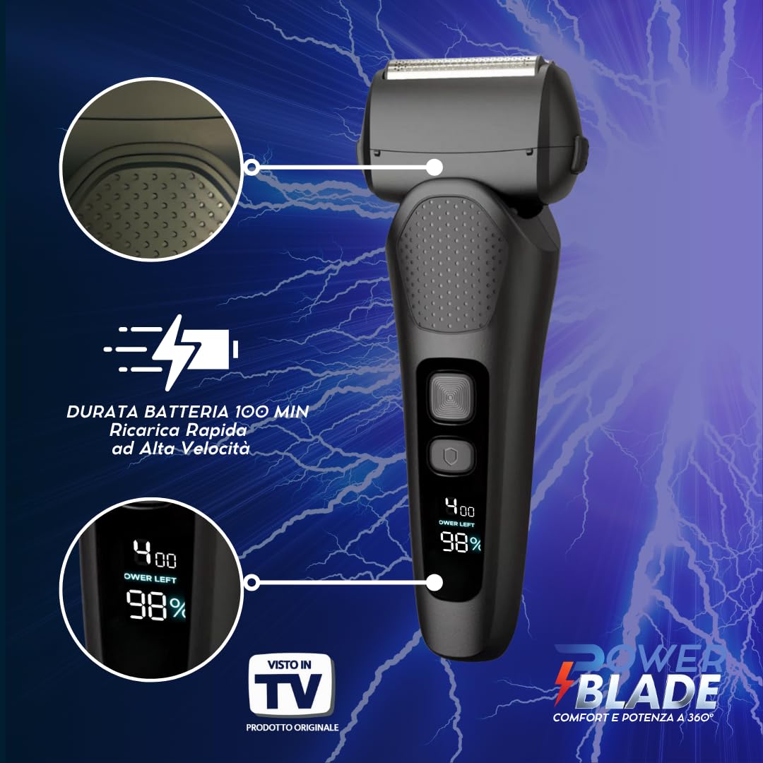 POWER BLADE | Rasoio Elettrico da Uomo Macchinetta per Barba Capelli e Corpo Rifinitore di Precisione con Testina Fluttuante Lame Affilate per Regolazione Basette e Display LED con Avviso Batteria