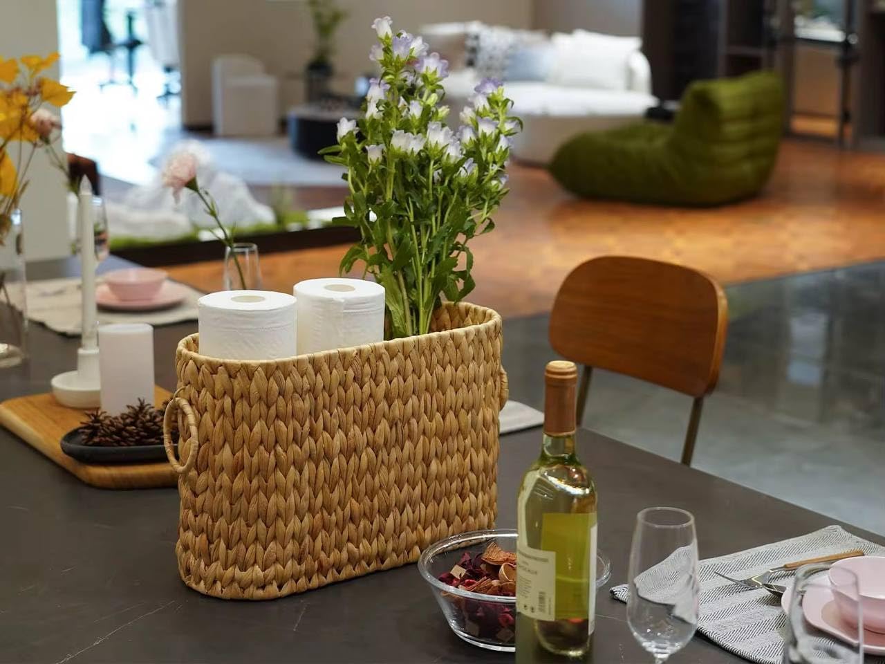 Toilet Paper Wicker Storage Basket, Water Hyacinth Slim Toilet Paper Holder with Lid- Holds Up to 8 Mega Rolls, Home Bathroom Decor Organizer