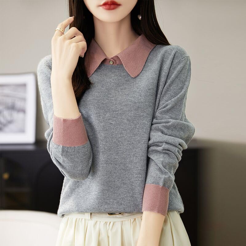 LAI MENG FIVE CATS Women's Polo Contrast Collar Knitwear Casual Long Sleeve Patchwork Pullover Blouse Top2