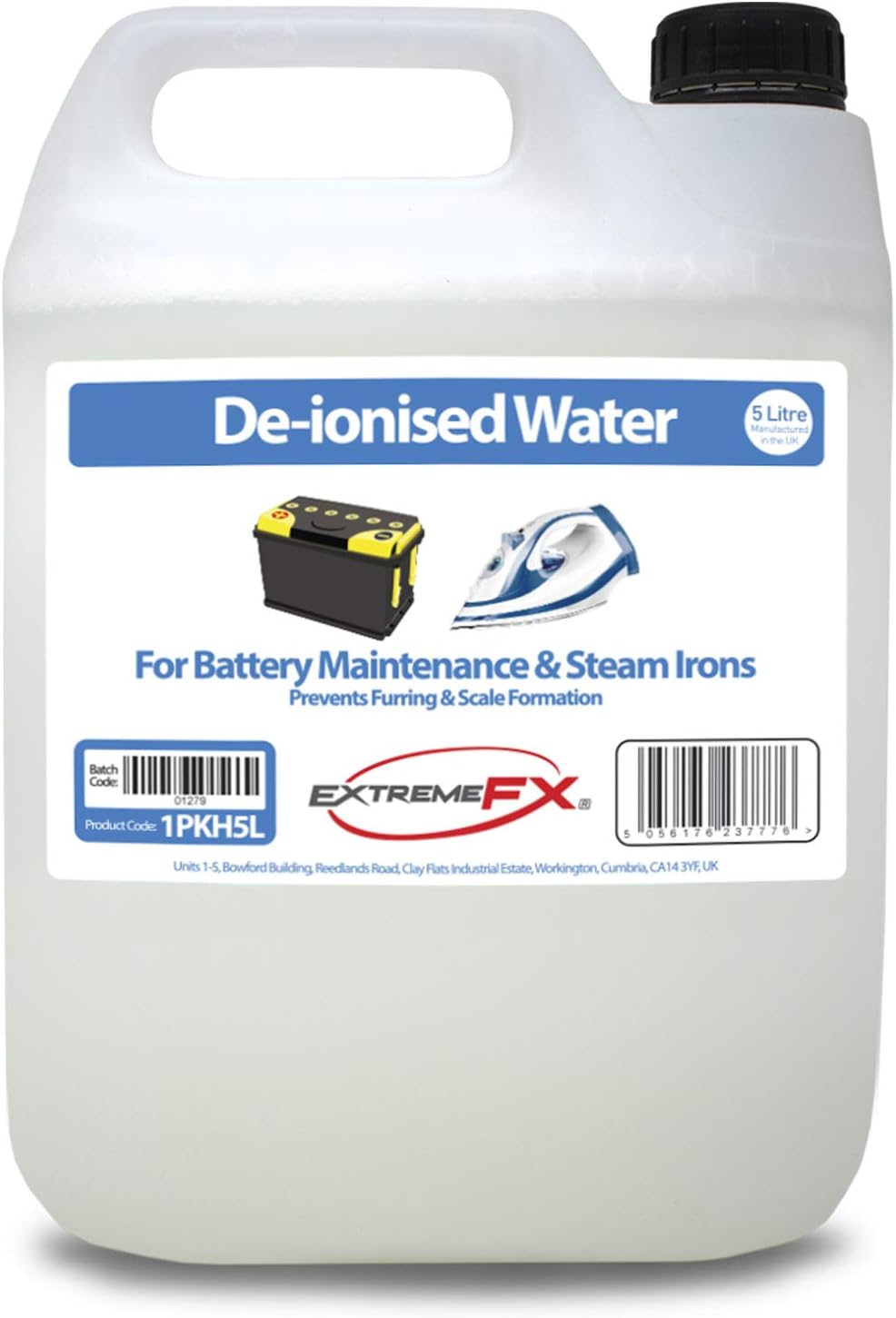 De-ionised Water 5 Litres - Top up water - De Mineralised water, demi water - Suitable for battery maintenance, steam irons, Car Radiators, fountains etc