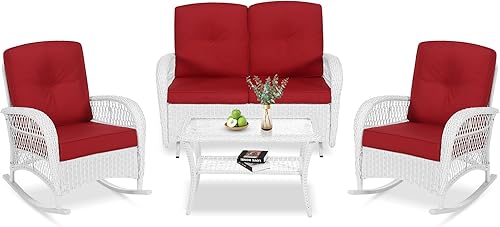 Miniatura 43 de VIVIJASON Silla mecedora de mimbre para exteriores, 2 piezas, sillas mecedoras de ratán para patio con cojines y marco de acero, muebles de mimbre