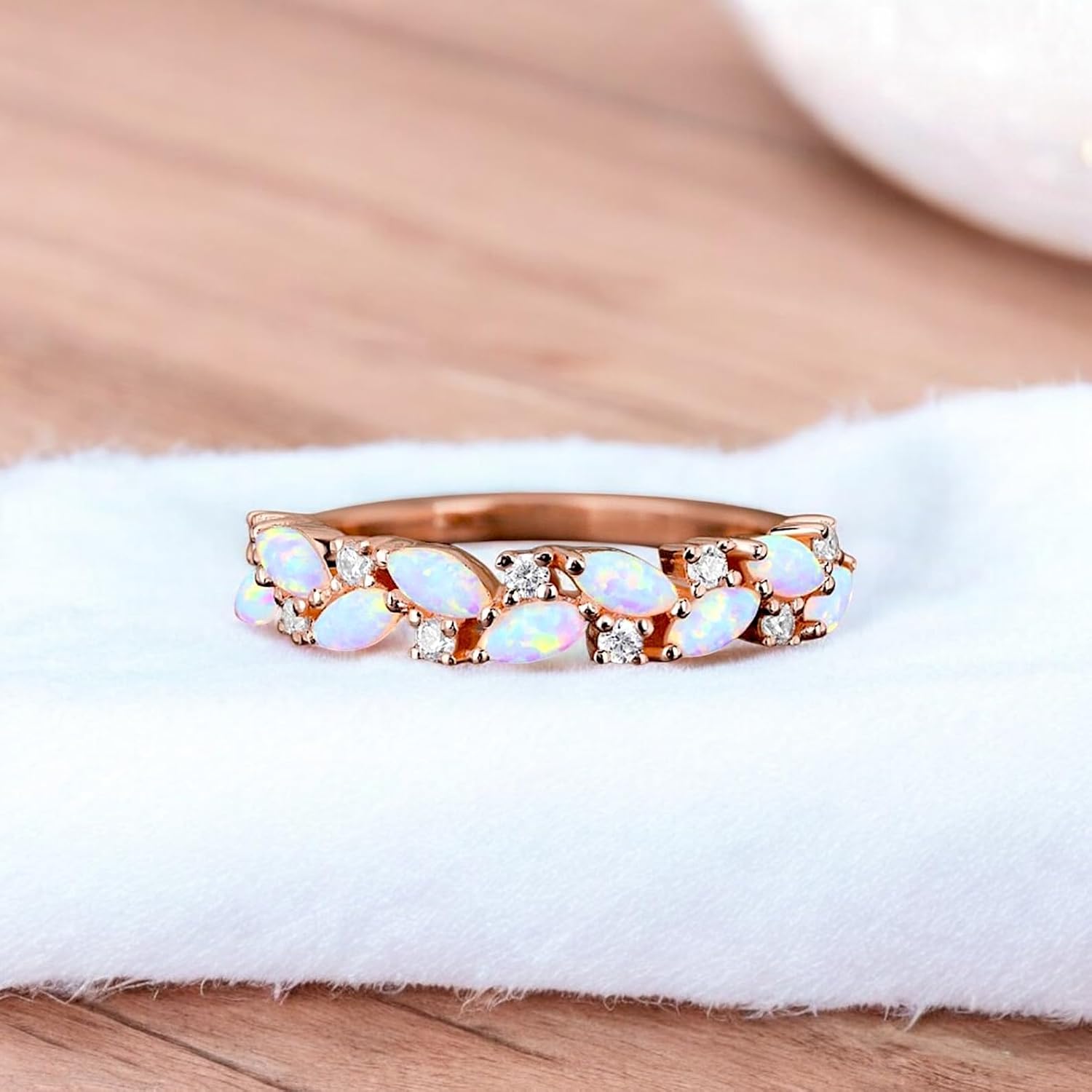 Antique Marquise Cut Opal Wedding Band, Unique Rose Gold Half Eternity Stack Band, Vintage Moissanite Wedding Ring, Custom Bridal Promise Ring - Handmade Vintage Jewelry Set for Women