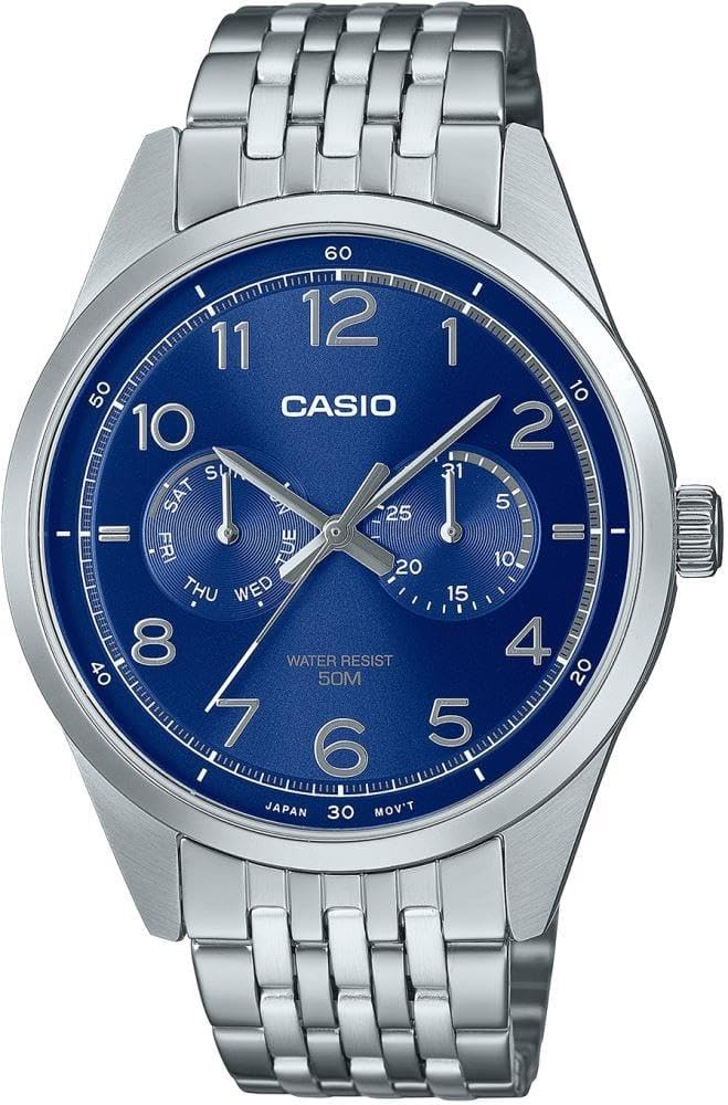 Casio Reloj para Hombre, Esfera Azul, Correa Plateada