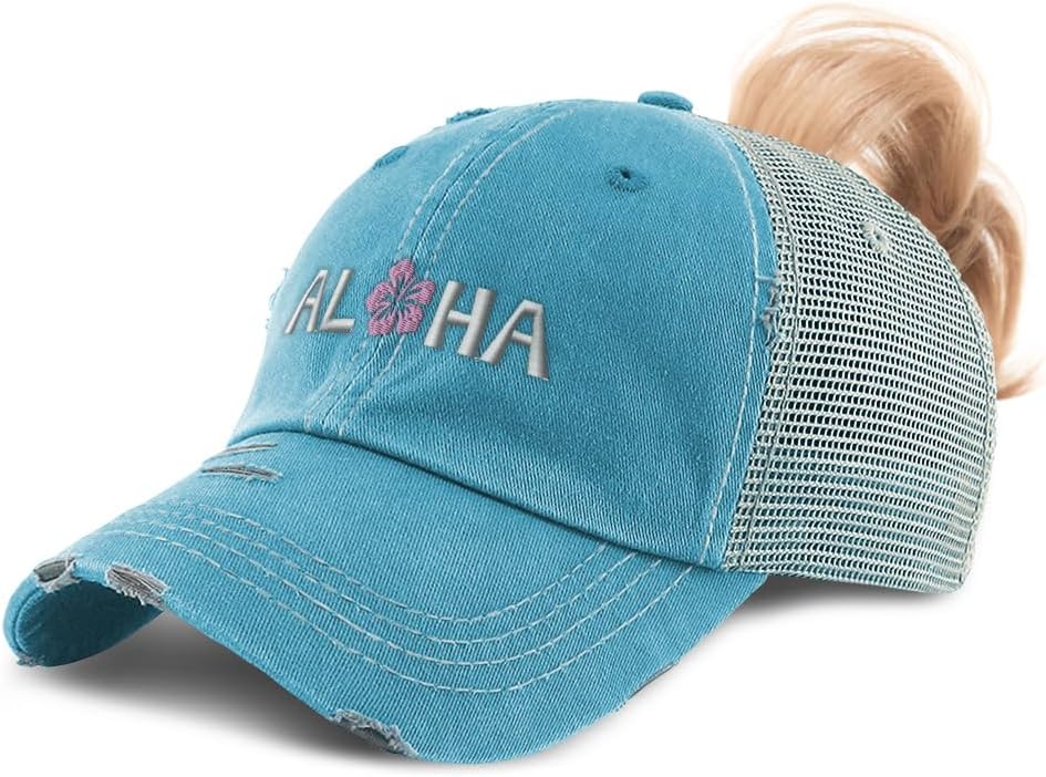 Ponytail Cap Women's Baseball Cap Embroidered Aloha Sky Pink Hibiscus Embroidery Cotton