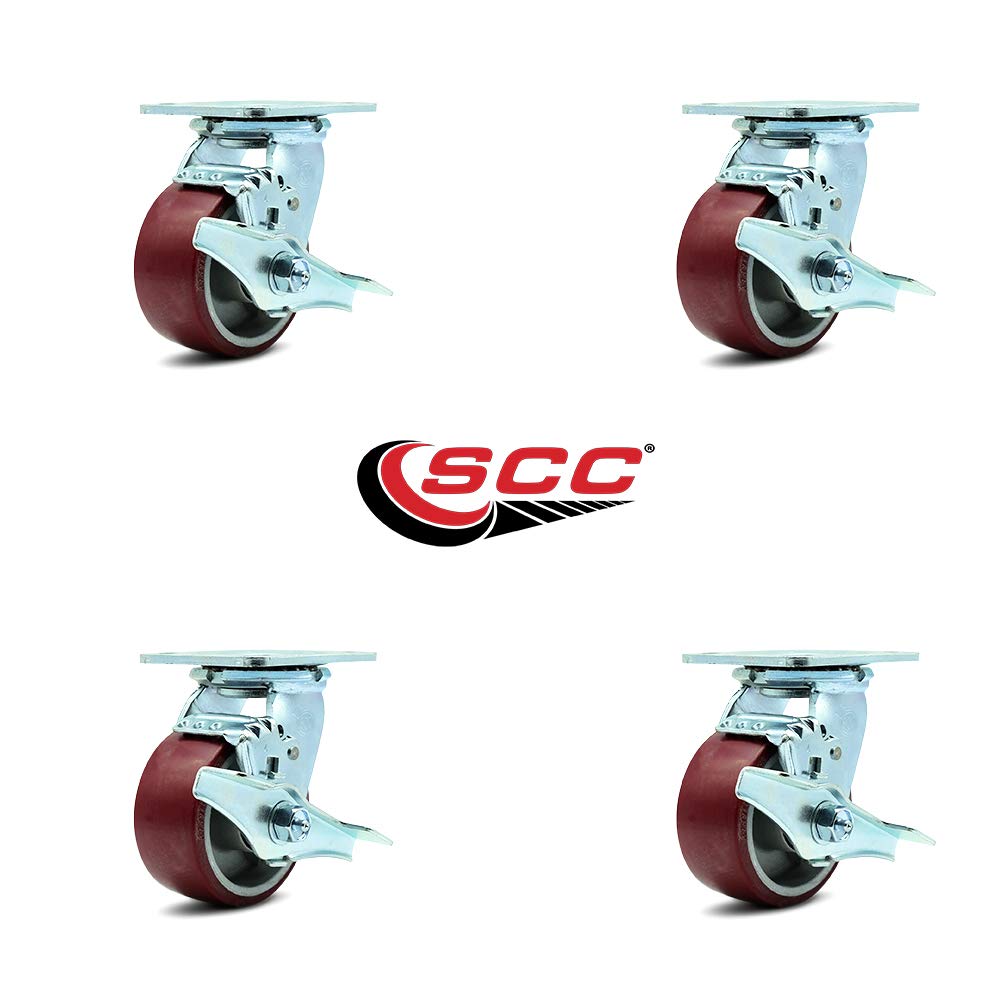 Heavy Duty Swivel Caster Set of 4 with 4 Inch Polyurethane on Aluminum Wheels and Ball Bearings - Includes 4 Swivel with Top Lock Brakes - 2,800 lbs. Total Capacity - Service Caster Brand