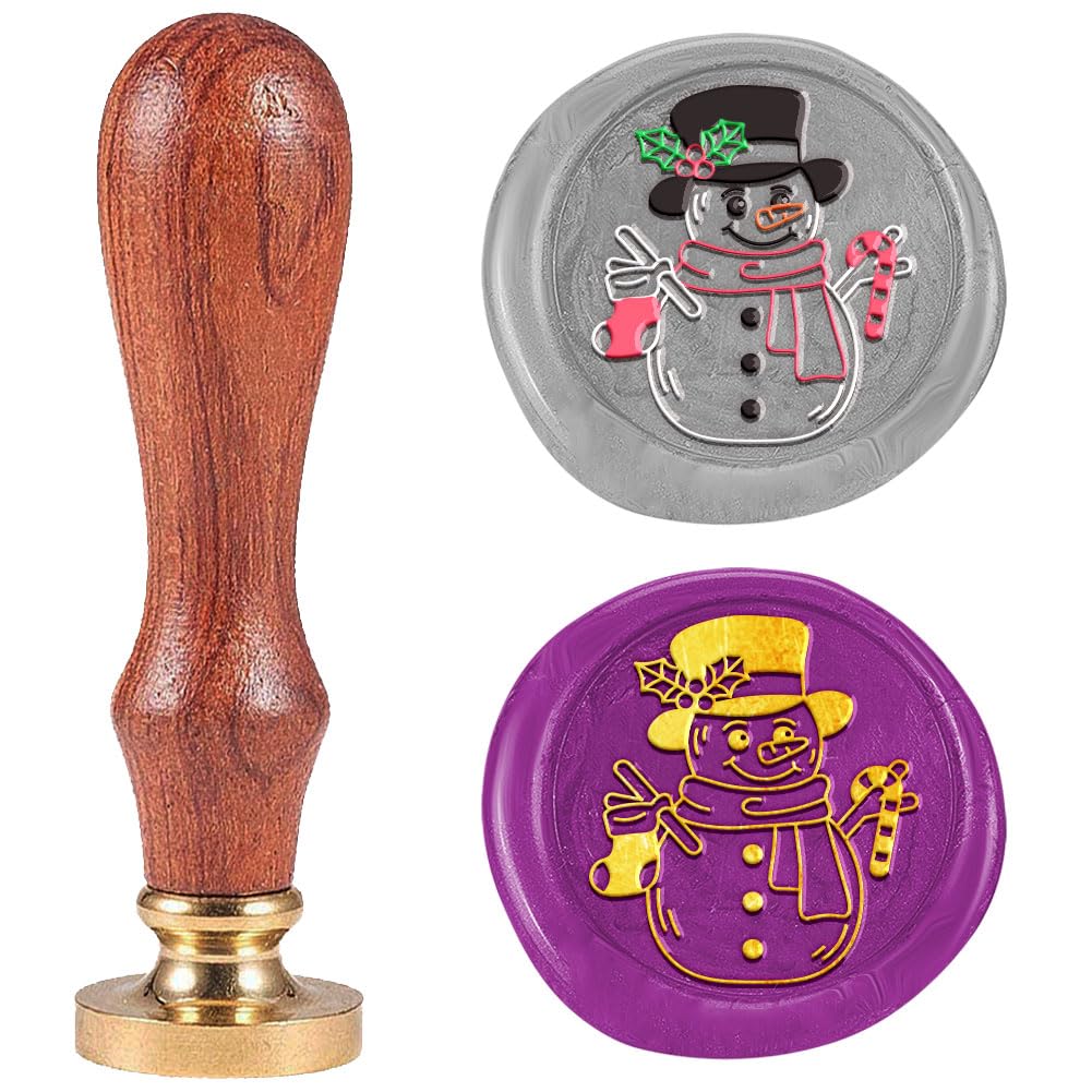 DELORIGIN Christmas Snowman Wax Sealing Stamp Vintage Removable Brass Head Wax Stamp Kit with Wooden Handle for Christmas New Year Party Invitations Envelopes Gift Wine Wrap Cards Decoration