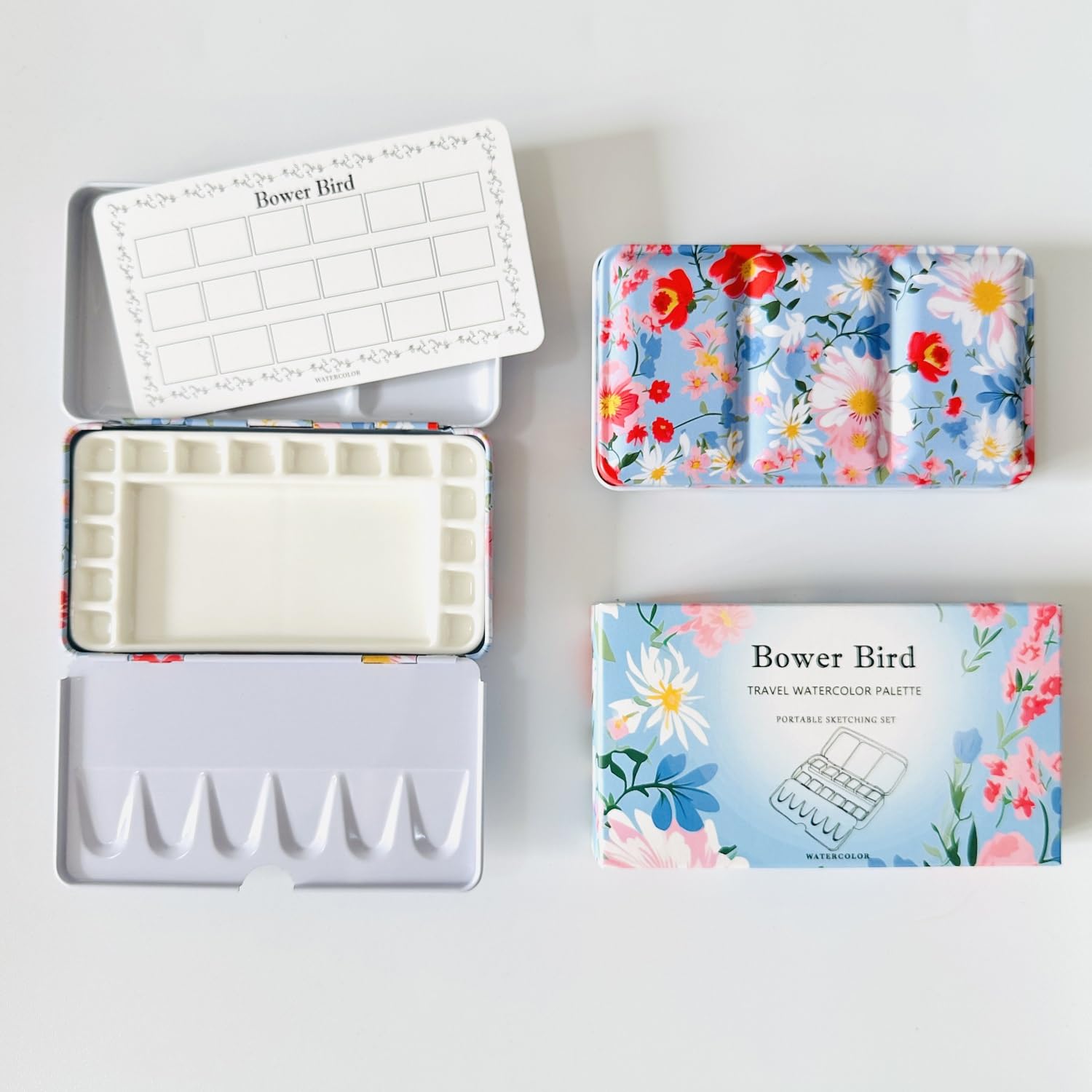 Bower Bird Travel Watercolor Palette, Portable Ceramic Palette with 16 Wells