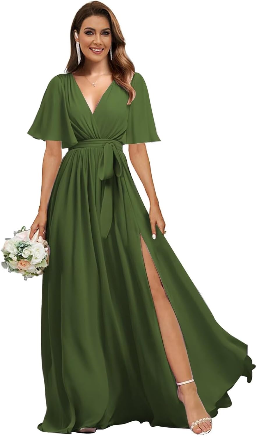 Flutter Sleeve Chiffon Bridesmaid Dresses Long with Pockets Slit V Neck Formal Dress for Women
