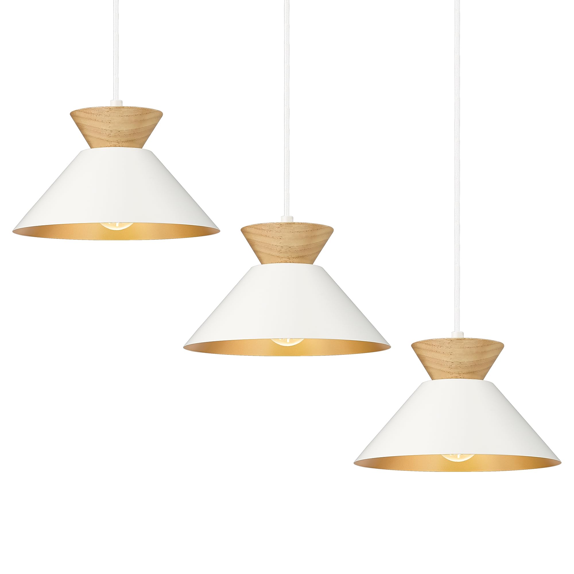 ELYONA 3 Pack Modern Pendant Light Fixtures Solid Wood Ceiling Hanging Lamp Matte White Metal & Gold Inner Finish Nordic Pendant Light for Farmhouse Kitchen Island Dining Room Bedroom Living Room