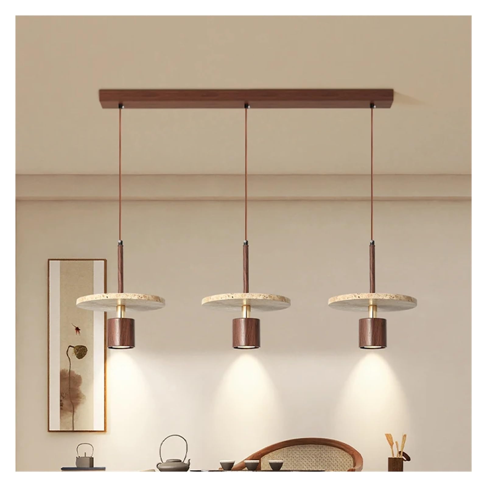 KXEcoLife Travertine Pendant Light Kitchen Island Chandelier Natural Stone Marble Wood Dining Bedroom Bedside Aisle Hanging Lamp