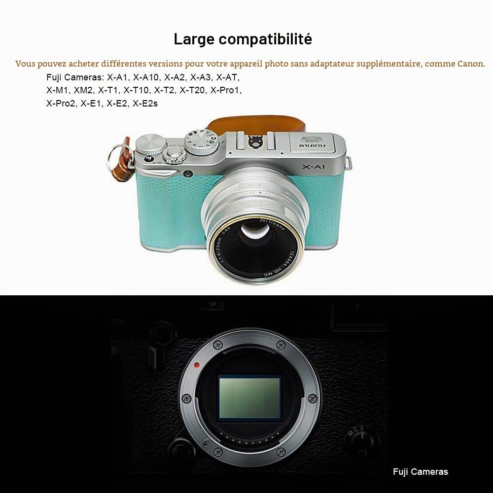 7Artisans 25 mm F1.8 Manuel APS-C Objectif Fixe pour Appareil Photo Fuji X-A1 X-a10 X-A2, X-a3 X-at X-M1 XM2 X-T1 X-T10 X-t2 X-t20 X-Pro1 X-pro2 X-E1 X-E2 X-e2s-black